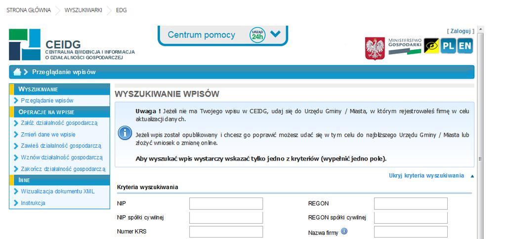 12.3 EDG Aby wyszukać podmioty EDG, Użytkownik: 1. Z menu górnego wybiera zakładkę Wyszukiwarka>EDG. Rys. 101 Menu górne: Wyszukiwarka EDG 2.