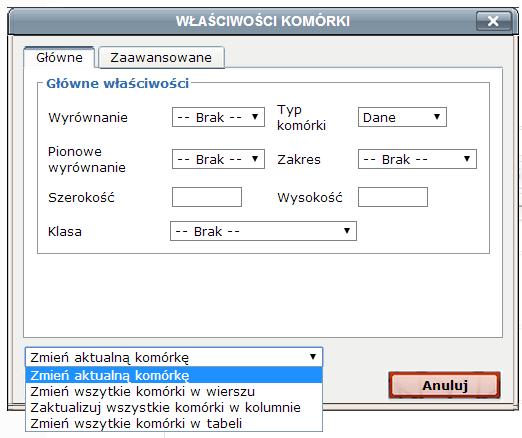 Rys. 116 Edytor TinyMCE. Główne właściwości tabelki. Opcja: Obszar zoastosowania zmian. 6.