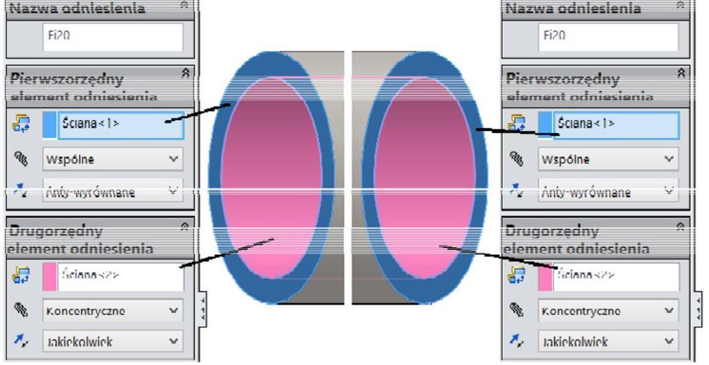 Rysunek 10.6. Szkic bazowy części Rurka fi20 dodaj z obu stron rurki odniesienia wiązania zastosuj tę samą nazwę Fi20 (rysunek 10.7)