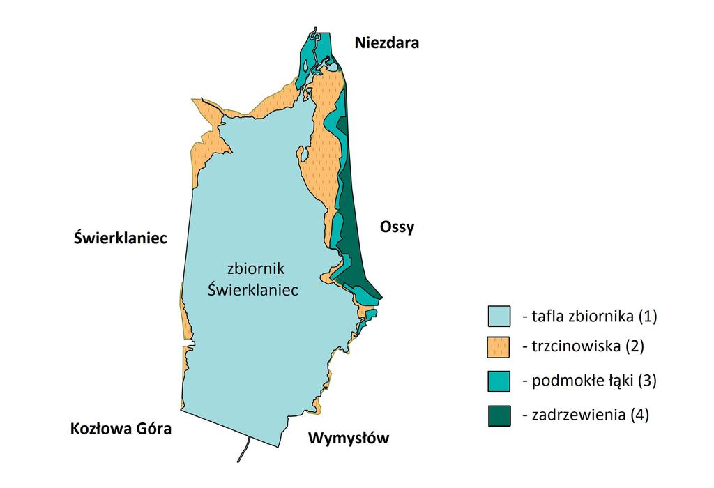 Rycina 1. Mapa terenu badań z naniesionymi nazwami okolicznych miejscowości i określonym zasięgiem najważniejszych siedlisk Figure 1. Map of the study area.