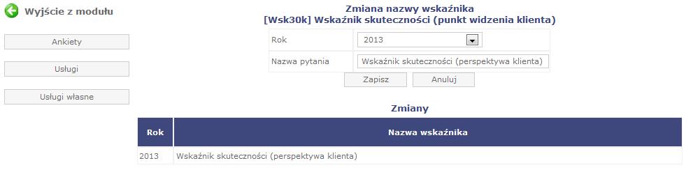 Administrator ma możliwośd zmiany treści wskaźnika w danym roku (dla celów przeglądu danych