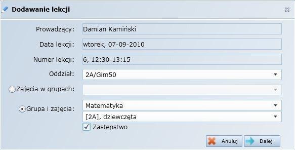 odpowiednie zajęcia edukacyjne oraz grupę, a następnie zaznaczyć pole Zastępstwo. Rysunek 5. Lekcja spoza planu, zastępstwo.