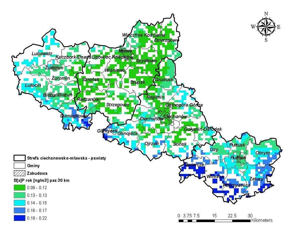 Rysunek 67 Rozkład stężeń benzo(α)pirenu o okresie uśredniania wyników pomiarów rok kalendarzowy pochodzących od emisji napływowej na terenie strefy ciechanowskomławskiej w 2007 r.