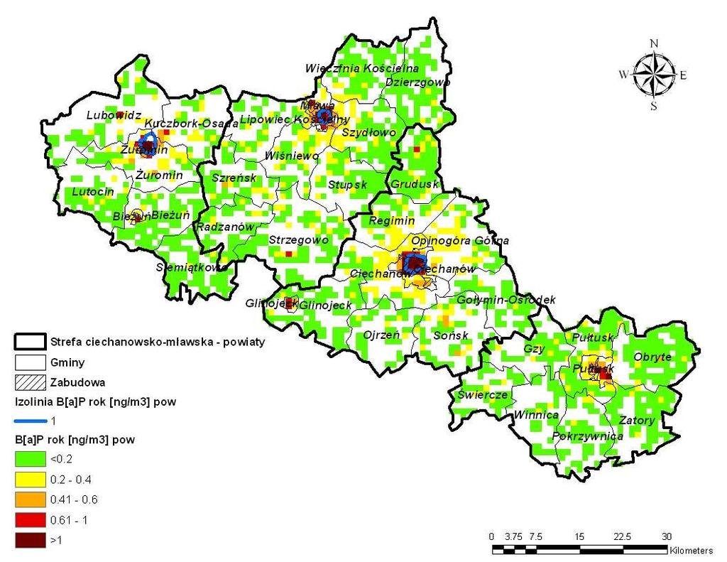 Rysunek 69 Rozkład stężeń benzo(α)pirenu o okresie uśredniania wyników pomiarów rok kalendarzowy pochodzący od emisji powierzchniowej na terenie strefy ciechanowsko-mławskiej w 2007 r.