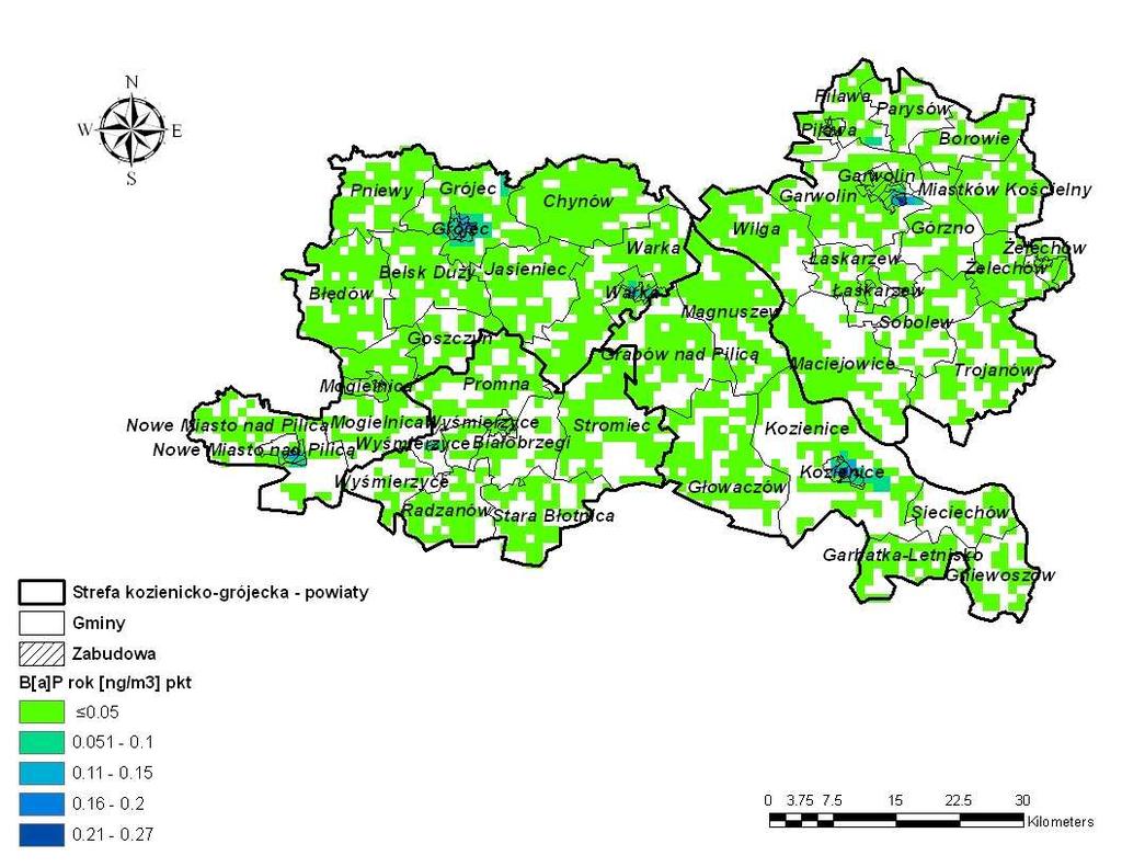 stężenia benzo(α)pirenu, pochodzące od emisji punktowej występują na poziomie oraz poniżej 5% poziomu docelowego ( 0.05 ng/m 3 ).