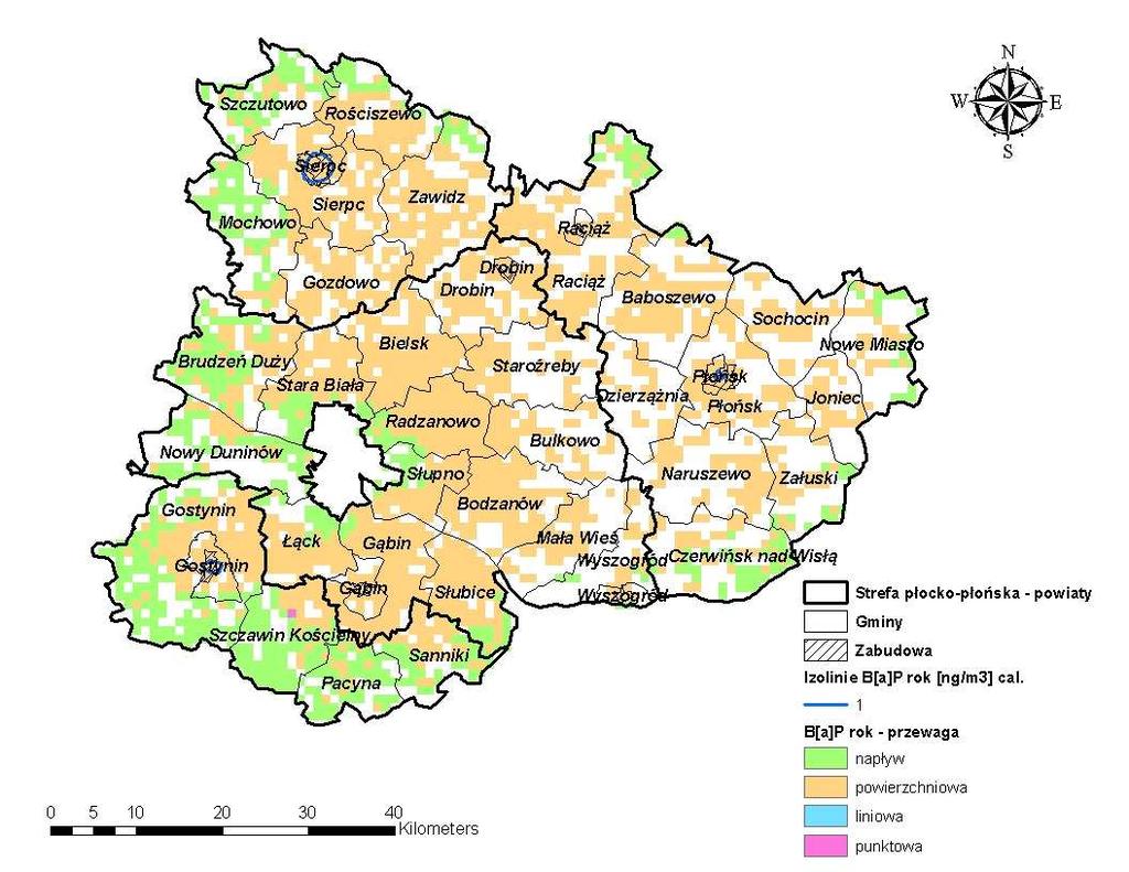 Rysunek 90 Udział typów emisji w stężeniach benzo(α)pirenu o okresie uśredniania wyników pomiarów rok kalendarzowy w receptorach na obszarze strefy płocko-płońskiej w 2007 r.