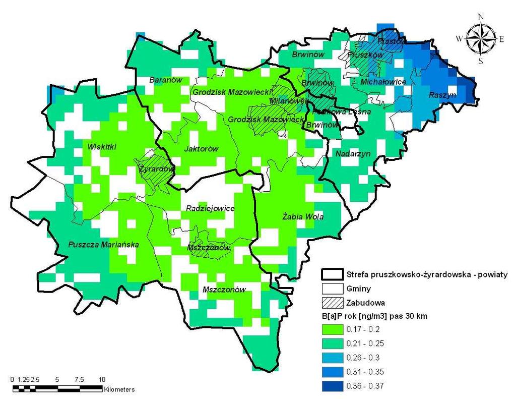 Rysunek 91 Rozkład stężeń benzo(α)pirenu o okresie uśredniania wyników pomiarów rok kalendarzowy pochodzących od emisji napływowej na terenie strefy pruszkowskożyrardowskiej w 2007 r.