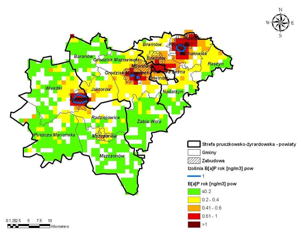 Rysunek 93 Rozkład stężeń benzo(α)pirenu o okresie uśredniania wyników pomiarów rok kalendarzowy pochodzący od emisji powierzchniowej na terenie strefy pruszkowsko-żyrardowskiej w 2007 r.