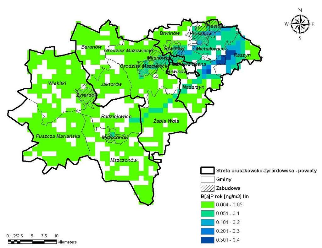 Rysunek 94 Rozkład stężeń benzo(α)pirenu o okresie uśredniania wyników pomiarów rok kalendarzowy pochodzących od emisji komunikacyjnej na terenie strefy pruszkowsko-żyrardowskiej w 2007 r.