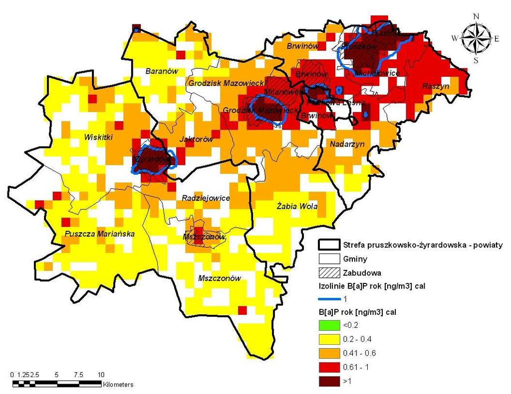 Rysunek 95 Rozkład stężeń benzo(α)pirenu o okresie uśredniania wyników pomiarów rok kalendarzowy z emisji całkowitej na terenie strefy pruszkowsko-żyrardowskiej w 2007 r.