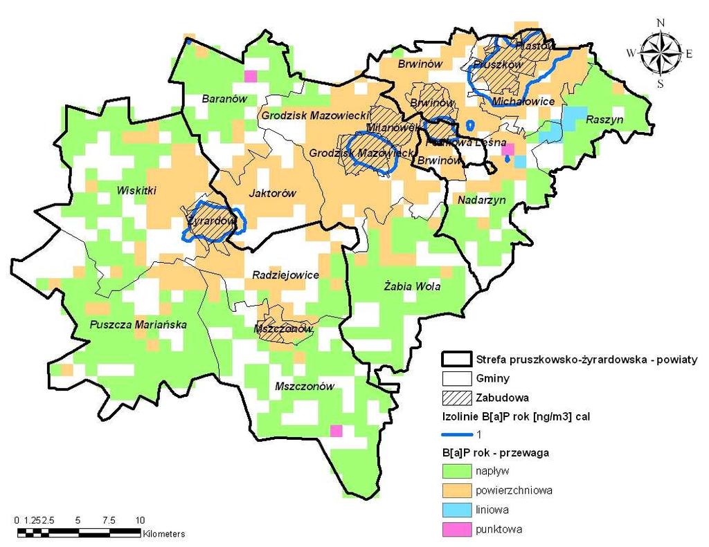 Rysunek 96 Udział poszczególnych typów emisji w stężeniach benzo(α)pirenu o okresie uśredniania wyników pomiarów rok kalendarzowy w receptorach na obszarze strefy pruszkowsko-żyrardowskiej w 2007 r.