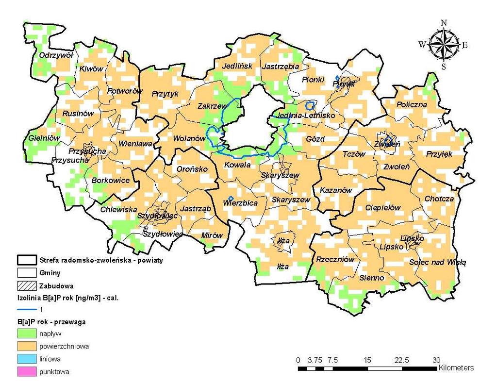 Rysunek 102 Udział typów emisji w stężeniach benzo(α)pirenu o okresie uśredniania wyników pomiarów rok kalendarzowy w receptorach na obszarze strefy radomskozwoleńskiej w 2007 r.