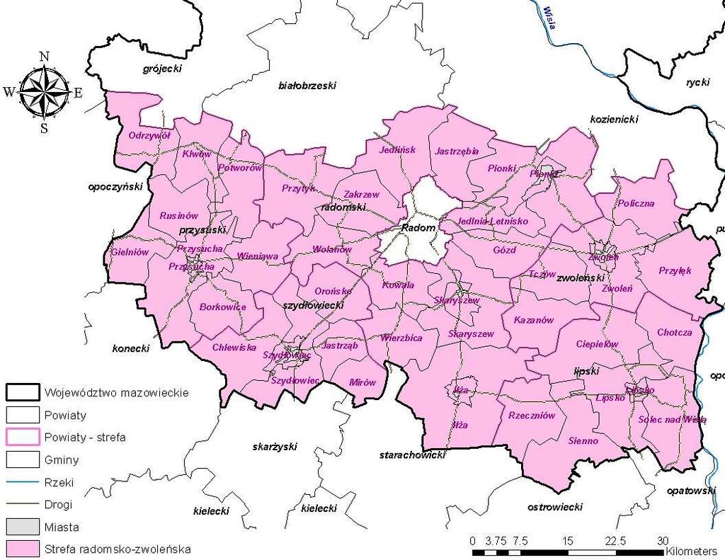 - powiat przysuski - 801 km 2, - powiat radomski - 1 530 km 2, - powiat szydłowiecki - 452 km 2, - powiat zwoleński - 573 km 2.