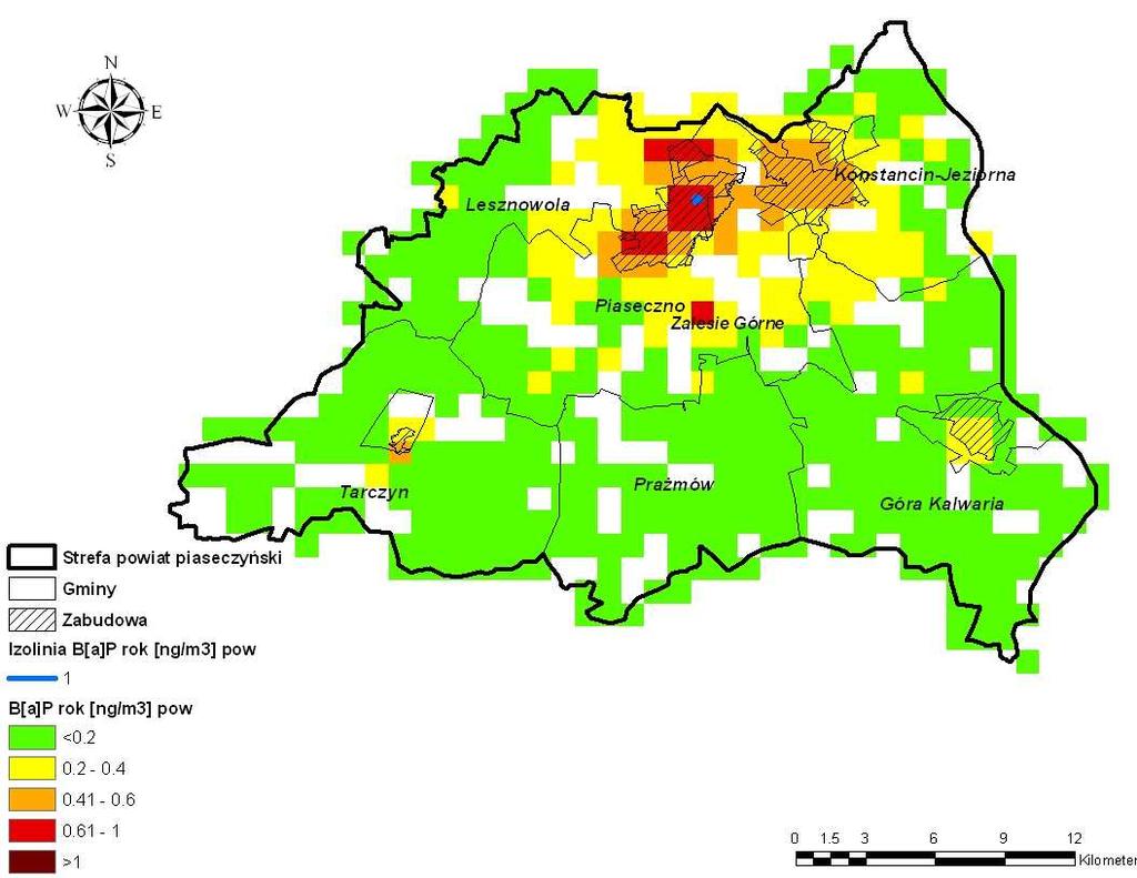 Stężenia benzo(α)pirenu pochodzące od emisji powierzchniowej na terenie strefy powiat piaseczyński Wartości stężeń benzo(α)pirenu o okresie uśredniania wyników pomiarów rok kalendarzowy pochodzące od