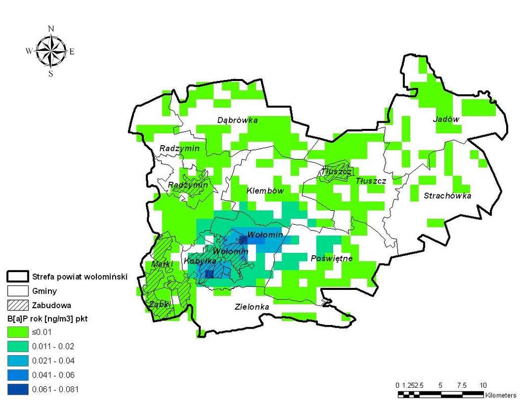 Rysunek 140 Rozkład stężeń benzo(α)pirenu o okresie uśredniania wyników pomiarów rok kalendarzowy pochodzących od emisji punktowej na terenie strefy powiat wołomiński w 2007 r.