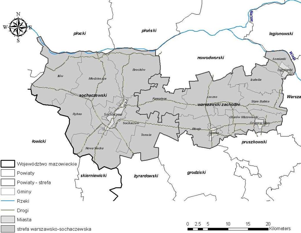Rysunek 9 Strefa warszawsko-sochaczewska Tabela 22 Liczba ludności w strefie warszawsko-sochaczewskiej Strefa warszawskosochaczewska powiat sochaczewski powiat warszawski zachodni Ogółem Kobiety
