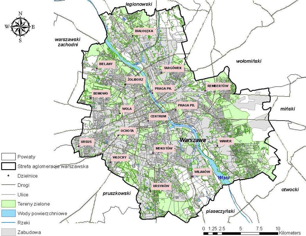 Rysunek 19 Strefa - aglomeracja warszawska Powierzchnia aglomeracji warszawskiej wynosi 517 km 2, liczba ludności 1 695 533 osób, a gęstość zaludnienia 3279,56 os/km 2.