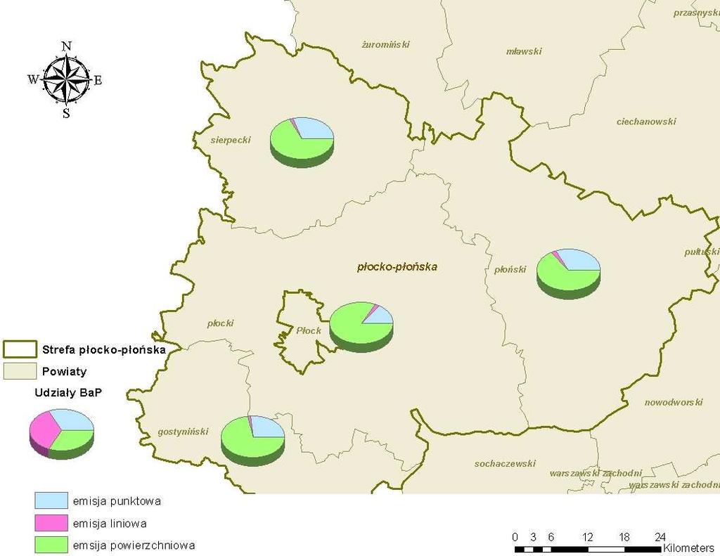 Rysunek 34 Udziały poszczególnych typów emisji w całości zinwentaryzowanej emisji w poszczególnych powiatach należących do strefy płocko-płońskiej Strefa pruszkowsko-żyrardowska Łącznie do obliczeń