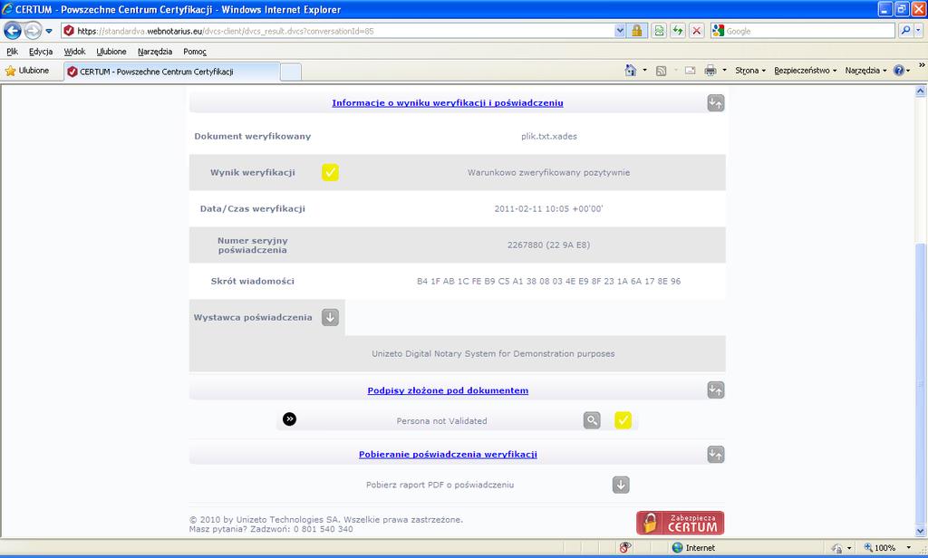 Rysunek 16 Wynik weryfikacji wewnętrznego podpisu elektronicznego Po zakończonym procesie
