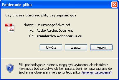 Rysunek 24 Wynik weryfikacji podpisu elektronicznego zawartego w pliku PDF pobieranie raportu z weryfikacji Po naciśnięciu tego przycisku wyświetlone zostanie okno umożliwiające zapisanie