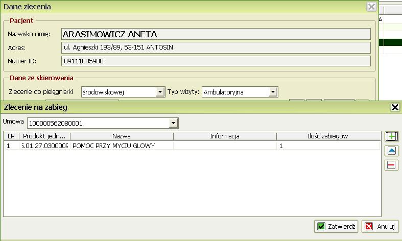 Następnie trzeba zatwierdzić wprowadzone zabiegi, a później po powrocie do panelu Dane zlecenia,