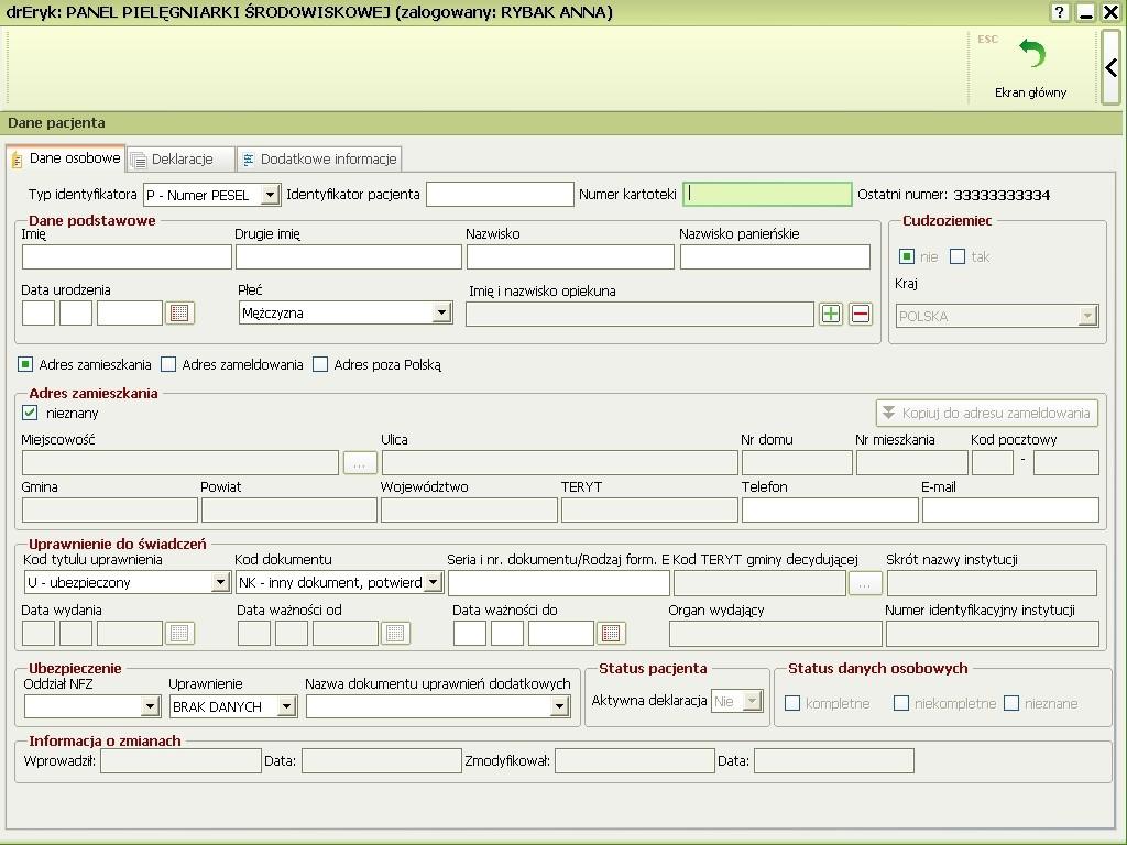 Nowy pacjent w ZOZ Moduł pielęgniarki zarówno środowiskowej wprowadzanie danych nowych