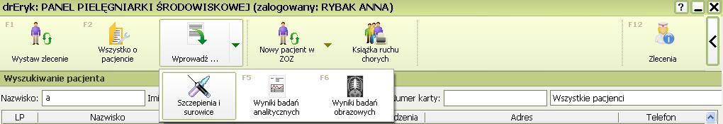 Wprowadzanie szczepień i surowic Aby wprowadzić informacje na temat szczepień bądź surowic należy wybrać przycisk Wprowadź i z rozwiniętego menu wybrać Szczepienia i surowice.