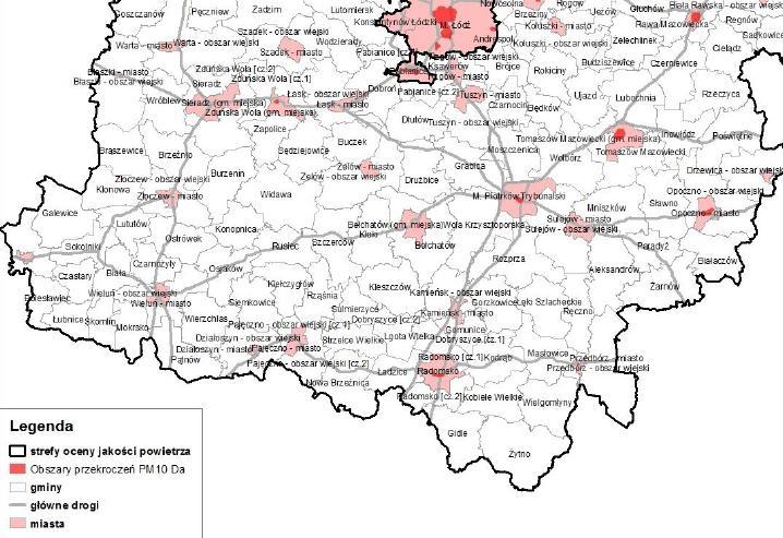 Rysunek 4-1 Obszary przekroczeń średnich stężeń rocznych wartości poziomu docelowego stężenia benzo(a)pirenu w pyle PM10 w południowej części Strefy łódzkiej Źródło: Roczna ocena jakości powietrza w
