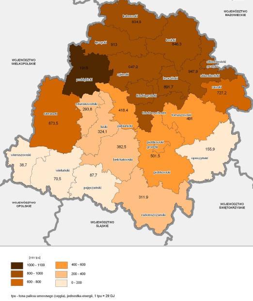 Rysunek 5-5 Potencjał wykorzystania energii geotermalnej na terenie województwa łódzkiego źródło: Biuro Planowania Przestrzennego Województwa Łódzkiego w Łodzi Analiza możliwości wykorzystania