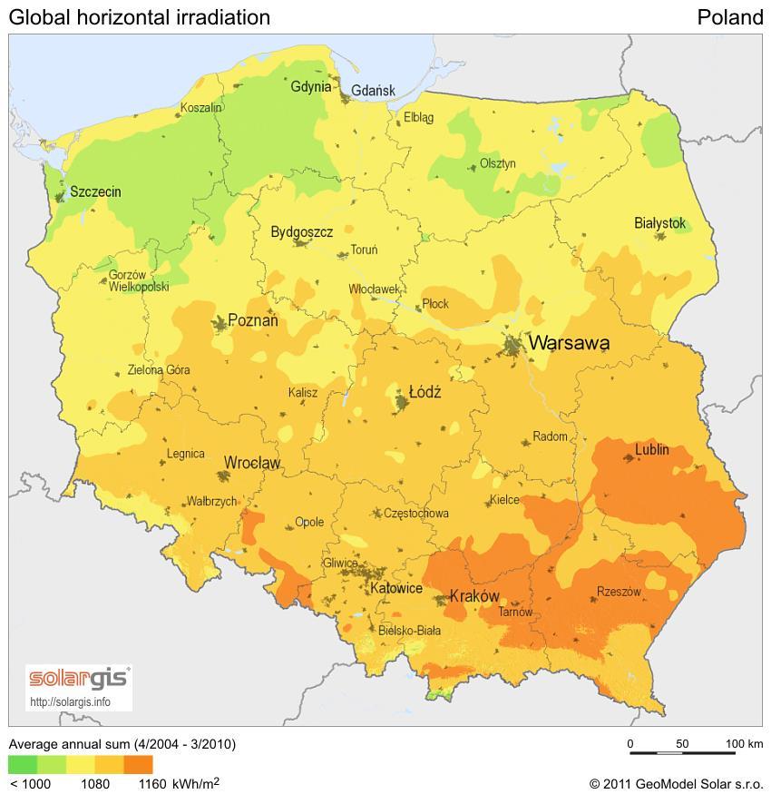 Rysunek 39. Potencjał wykorzystania energii słonecznej na terenie Polski (źródło: http://solargis.info) Gęstość promieniowania słonecznego na terenie Gminy Szczurowa wynosi ok. 1 160 kwh/m 2.