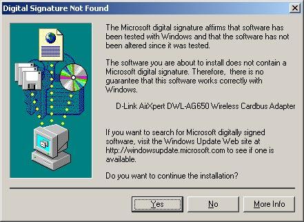 Continued... W systemie Windows 2000 w trakcie instalacji może wyświetlić się ekran Digital Signature Not Found (Nie znaleziono podpisu cyfrowego).