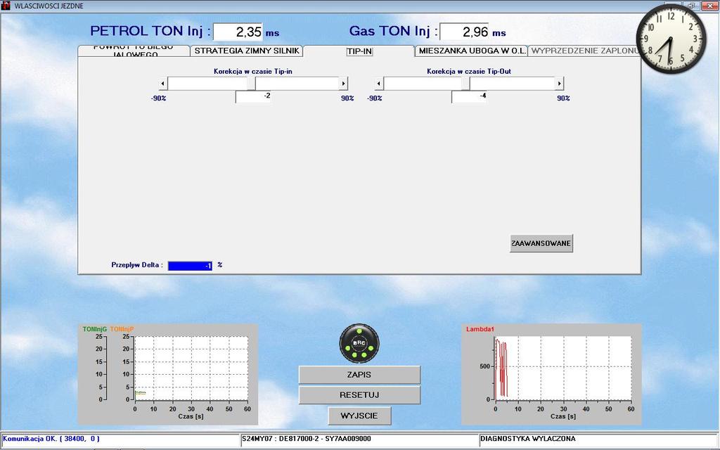 Zakładka właściwości jezdne/strategia zimny silnik można tu ustawić korekcje TIP IN (dodanie gazu) i TIP OUT (odjęcie gazu) dla niedogrzanego silnika.