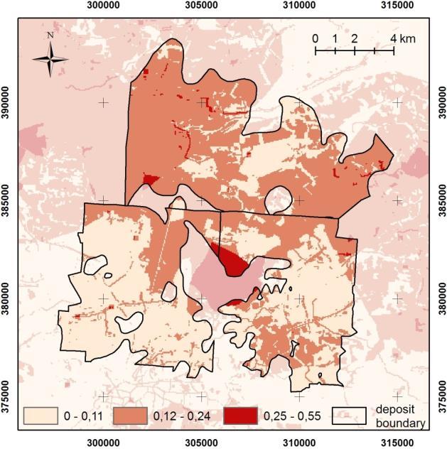 przestrzenną reprezentację dostępności analizowanego złoża ze względu na rozpatrywane rodzaje kryteriów.