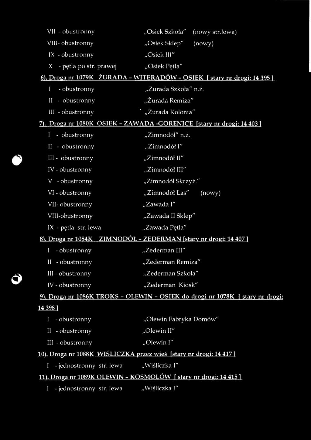 Droga nr 1080K OSIEK - ZAW ADA -GORENICE [stary nr drogi; 14 403 1 I - obustronny Z im nodół" n.ż. Zim nodół I" ^1^ V - obustronny Zim nodół II" Zim nodół III" Zim nodół Skrzyż.