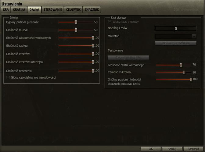 NA POCZĄTEK Dźwięk W zakładce Dźwięk możesz zmieniać głośność muzyki, wiadomości tekstowych, odgłosów czołgów, efektów oraz otoczenia, a także ogólny poziom głośności gry.