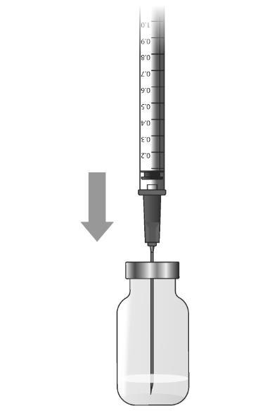 Odciągnąć tłok strzykawki do oznaczenia 1 ml, wypełniając strzykawkę powietrzem. Włożyć igłę połączoną ze strzykawką do fiolki z roztworem Ilaris przez gumowy korek.
