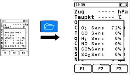 Menu Info Wskazuje są najważniejsze parametry paliwa i wartość odniesienia dla CO 2. Uruchomienie menu Info.