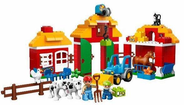 3. Lego Duplo Duża Farma ; postacie: farmer i dziecko zwierzęta: koń, cielę, krowa, kura i kot