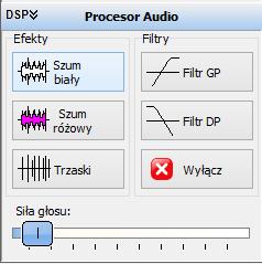 Procesor Audio Efekty zawiera przyciski do włączania i wyłączania efektów w postaci Szumu Białego, Szumu Różowego, Trzasków Filtry zawiera przyciski do włączania i wyłączania filtrów dolno i