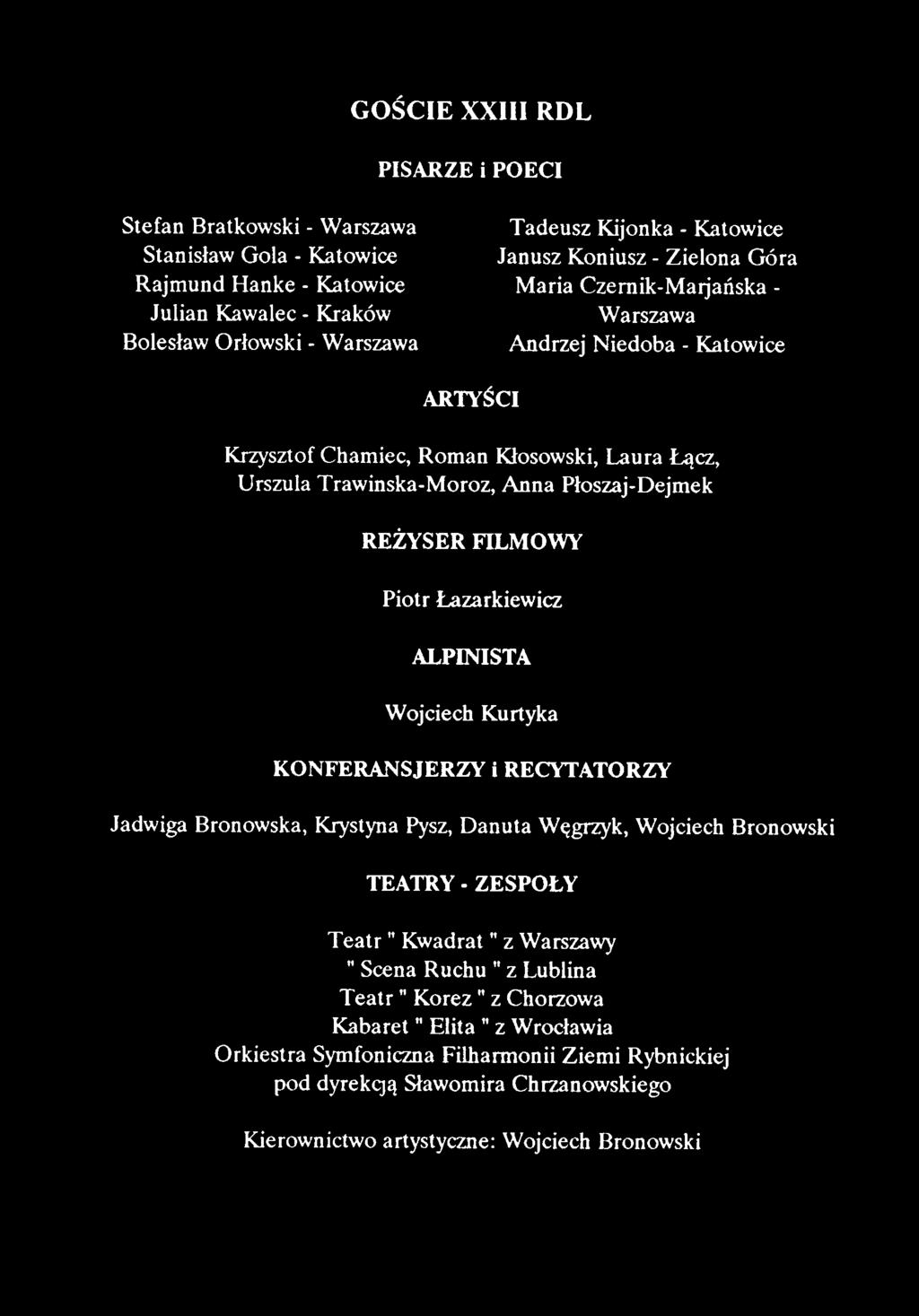 GOŚCIE XXIII RDL PISARZE i POECI Stefan Bratkowski - Warszawa Stanisław Gola - Katowice Rajmund Hanke - Katowice Julian Kawalec - Kraków Bolesław Orłowski - Warszawa Tadeusz Kijonka - Katowice Janusz