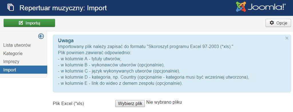 Rys. 1.9 - Import danych 1.3.5. Konfiguracja Po przejściu do komponentu i kliknięciu w przycisk opcje zostanie wyświetlona strona konfiguracji komponentu (Rys. 1.10).