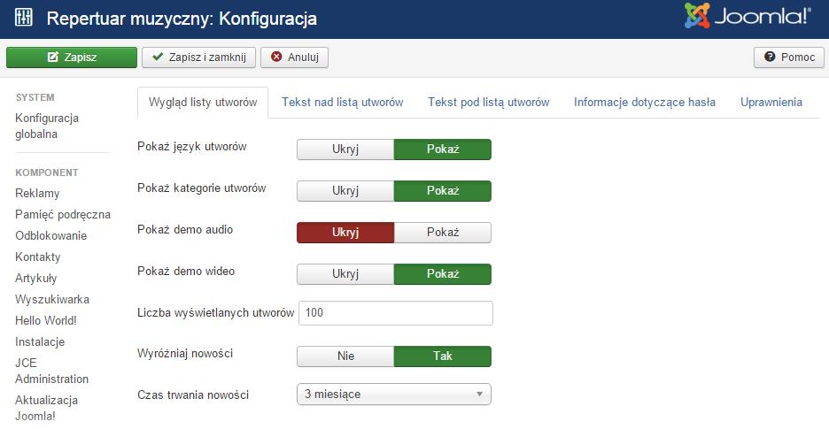 Rys. 1.10 - Konfiguracja komponentu 1.4. Strona klienta Każda osoba odwiedzająca stronę zespołu muzycznego ma możliwość przejrzenia, jakie utwory wykonuje ten zespół.