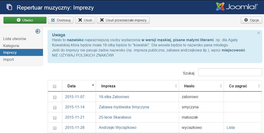 1.3.3. Imprezy Tutaj znajduje się lista zaplanowanych imprez (Rys. 1.6).