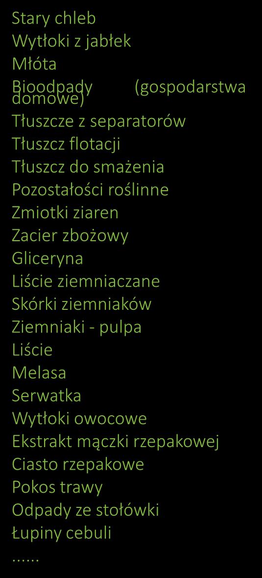 Odpady organiczne Stary chleb Wytłoki z jabłek Młóta Bioodpady (gospodarstwa domowe) Tłuszcze z separatorów Tłuszcz flotacji Tłuszcz do smażenia Pozostałości roślinne Zmiotki ziaren Zacier zbożowy