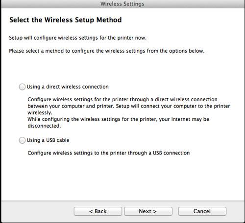 Konfiguracja sieci bezprzewodowej 10 Wybierz opcję Configuration of Wireless network na ekranie Printer Connection Type i kliknij przycisk Continue.