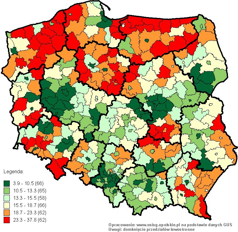 RYNEK PRACY stopa bezrobocia w Polsce wg powiatów (stan w końcu stycznia 2012 r.