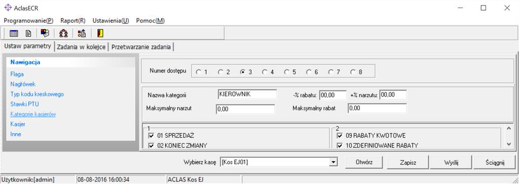 KONFIGURACJA/11 KATEGORIE KASJERÓW. W sposób podobny jak dla danych PLU można Kategorie kasjerów otworzyć z pliku zapisanego na komputerze, ściągnąć z kasy lub edytować plik z ustawieniami domyślnymi.