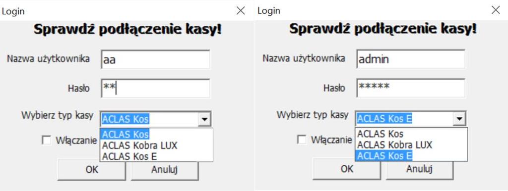 6.3. Kasjer KIEROWNIK lub inny użytkownik Służy do ustawienia użytkowników programu AclasECR, Domyślne ustawione są dwa profile użytkowników: admin i aa (użytkownik).