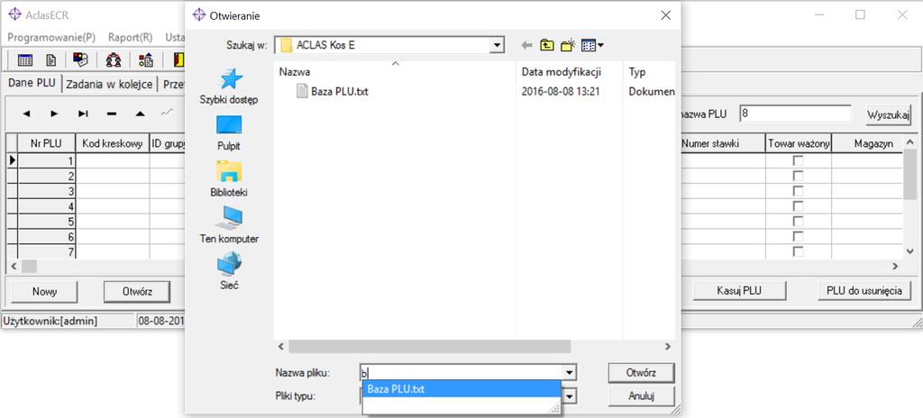 1.4. Odczyt i modyfikacja danych odczytanych z pliku Należy wcisnąć przycisk Otwórz i wybrać zapisany plik z danymi PLU, który chcemy modyfikować: Dalszy sposób postępowania jest taki sam jak przy