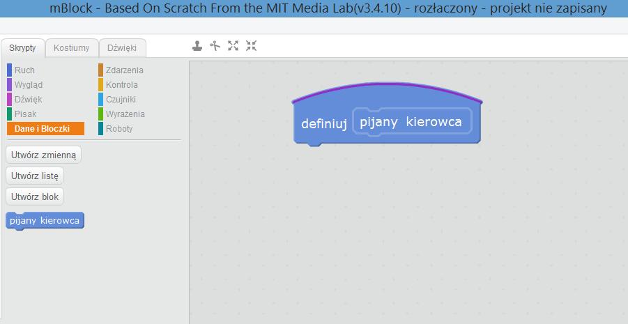 Utworzony blok wygląda następująco: Nasz autorski blok znajduje się w kategorii Dane i Bloczki. Nie pozostaje nam nic innego, jak tylko napisać program dla trybu pijany kierowca.